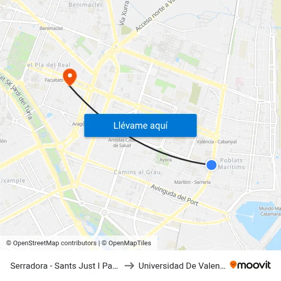 Serradora - Sants Just I Pastor to Universidad De Valencia map