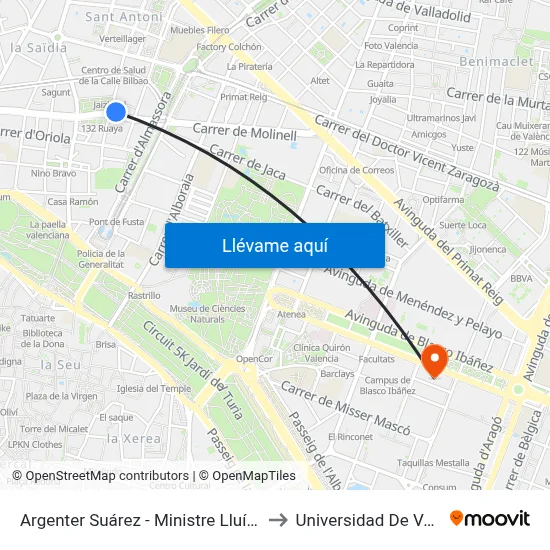 Argenter Suárez - Ministre Lluís Mayans to Universidad De Valencia map