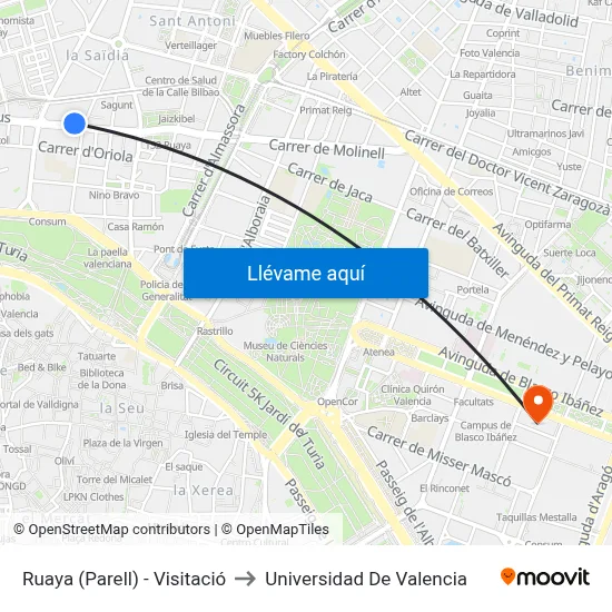 Ruaya (Parell) - Visitació to Universidad De Valencia map