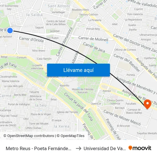 Metro Reus - Poeta Fernández Heredia to Universidad De Valencia map