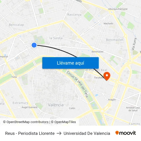 Reus - Periodista Llorente to Universidad De Valencia map