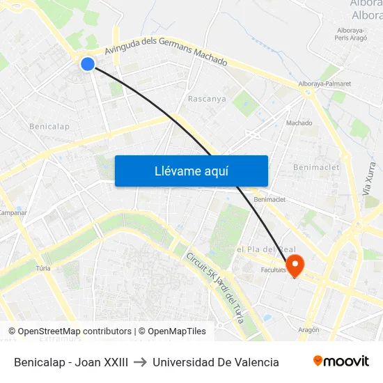 Benicalap - Joan XXIII to Universidad De Valencia map