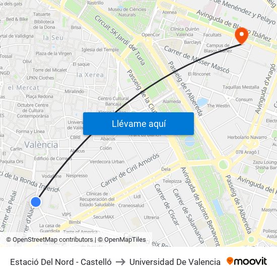 Estació Del Nord - Castelló to Universidad De Valencia map