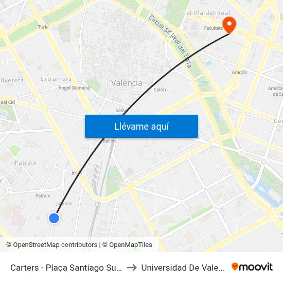 Carters - Plaça Santiago Suárez to Universidad De Valencia map