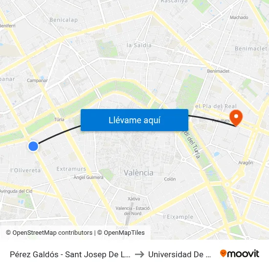 Pérez Galdós - Sant Josep De La Muntanya to Universidad De Valencia map