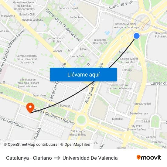 Catalunya - Clariano to Universidad De Valencia map