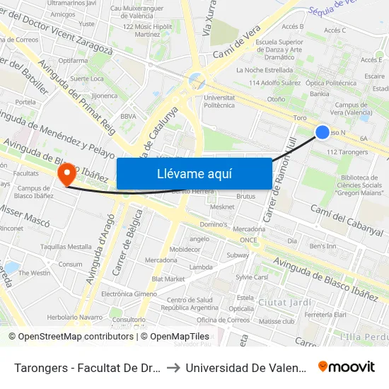 Tarongers - Facultat De Dret to Universidad De Valencia map