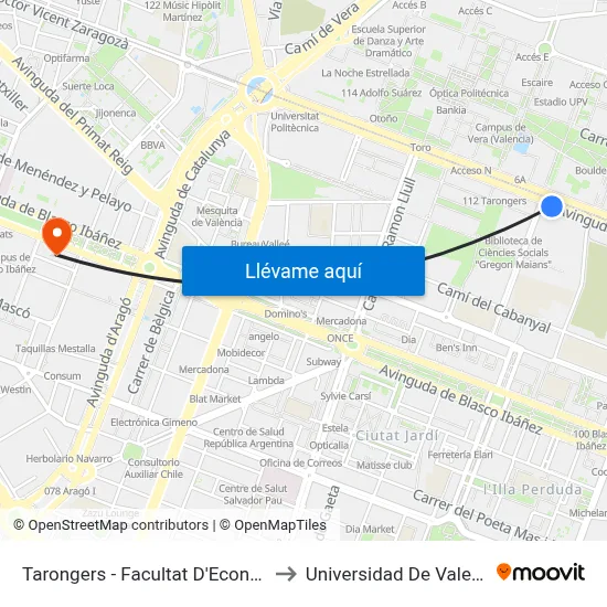 Tarongers - Facultat D'Economia to Universidad De Valencia map