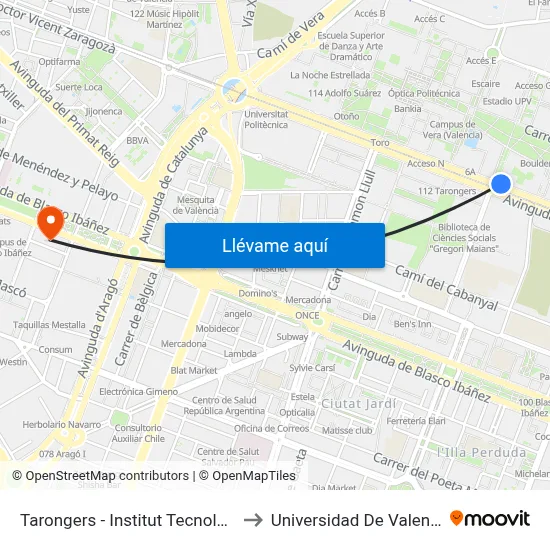 Tarongers - Institut Tecnològic to Universidad De Valencia map
