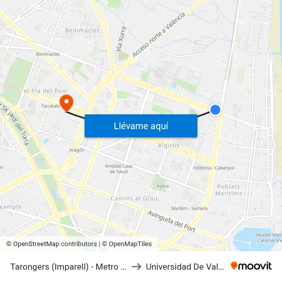 Tarongers (Imparell) - Metro Beteró to Universidad De Valencia map