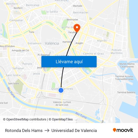 Rotonda Dels Hams to Universidad De Valencia map