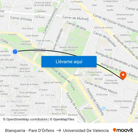 Blanqueria - Pare D'Òrfens to Universidad De Valencia map