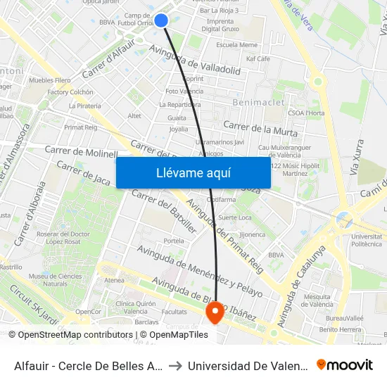 Alfauir - Cercle De Belles Arts to Universidad De Valencia map