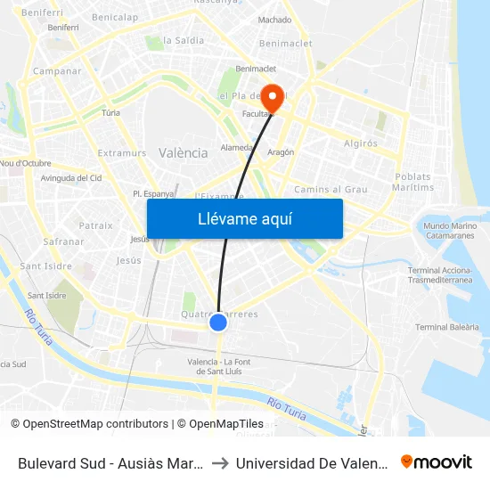 Bulevard Sud - Ausiàs March to Universidad De Valencia map