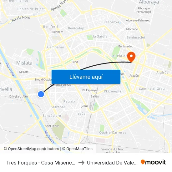 Tres Forques - Casa Misericòrdia to Universidad De Valencia map