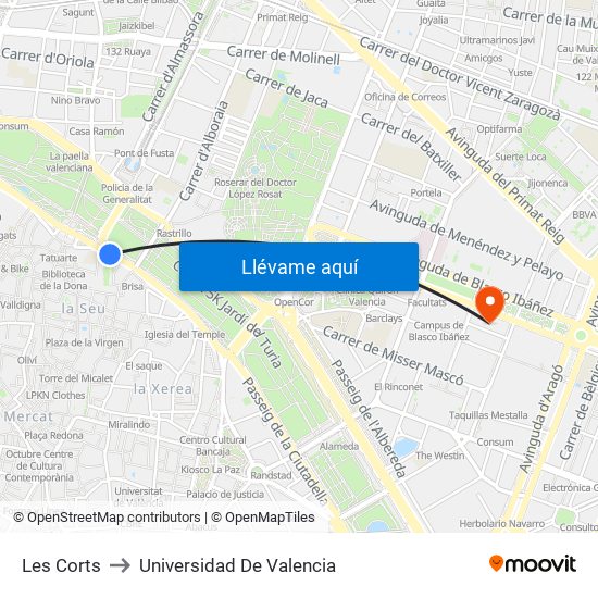 Les Corts to Universidad De Valencia map