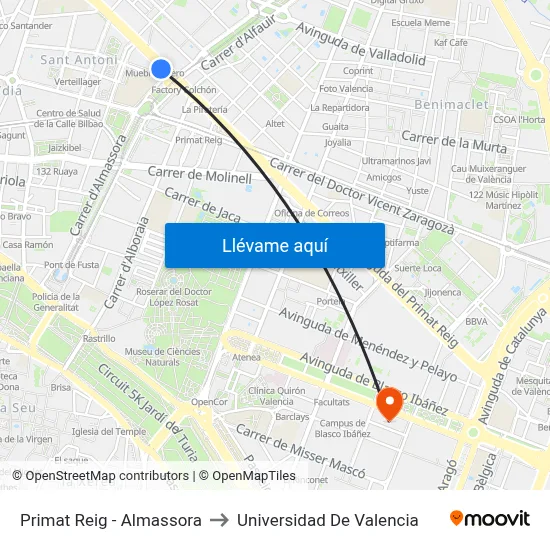 Primat Reig - Almassora to Universidad De Valencia map