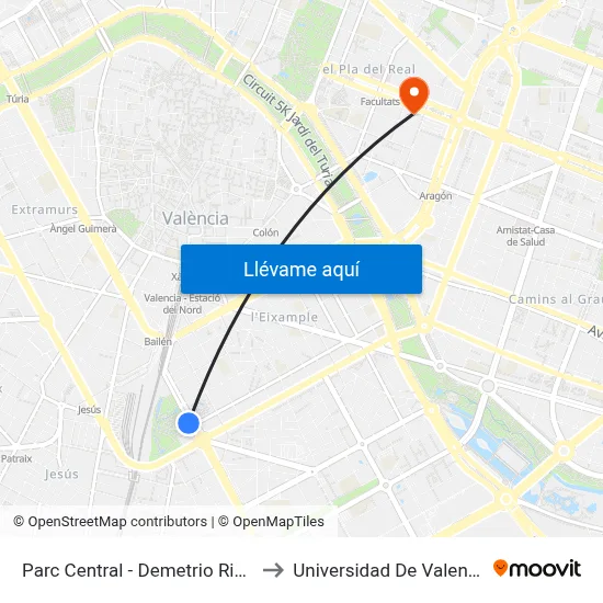 Parc Central - Demetrio Ribes to Universidad De Valencia map