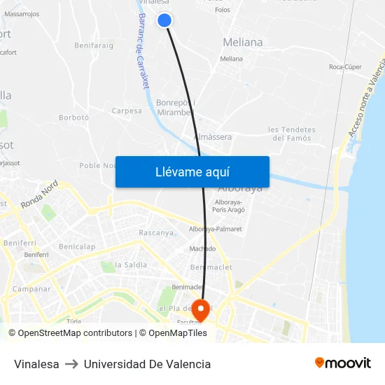 Vinalesa to Universidad De Valencia map