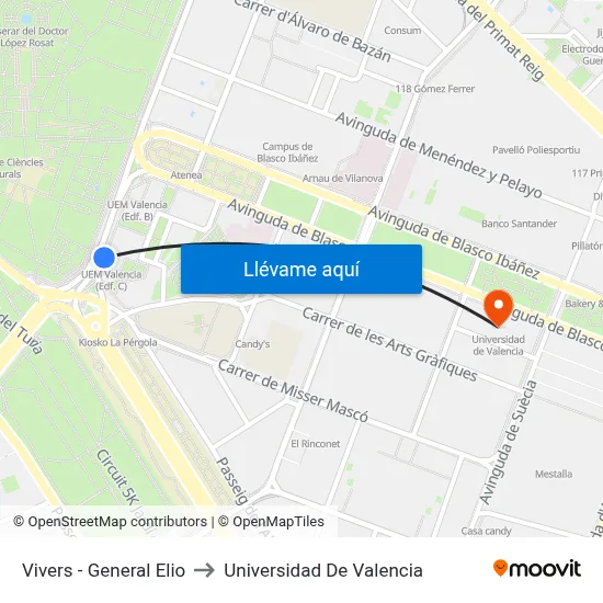 Vivers - General Elio to Universidad De Valencia map
