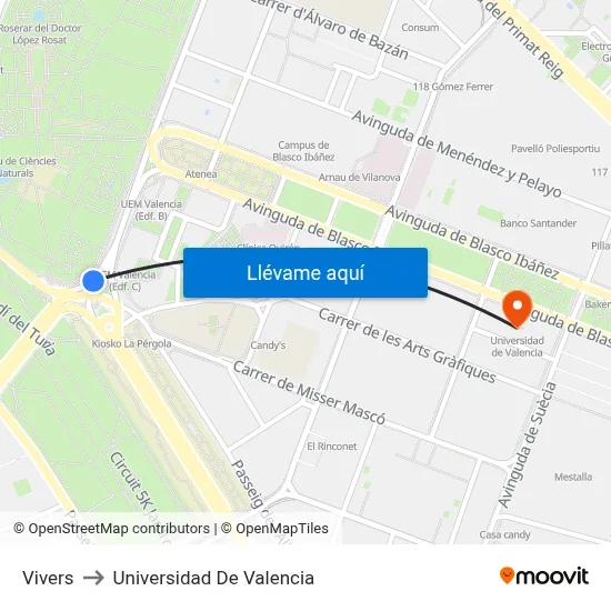 Vivers to Universidad De Valencia map