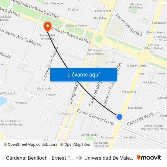 Cardenal Benlloch - Ernest Ferrer to Universidad De Valencia map