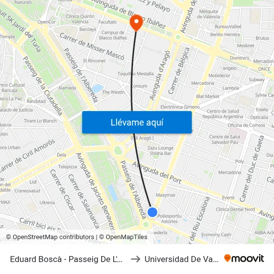 Eduard Boscà - Passeig De L'Albereda to Universidad De Valencia map