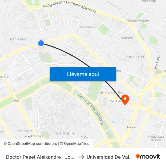 Doctor Peset Aleixandre - Joan XXIII to Universidad De Valencia map