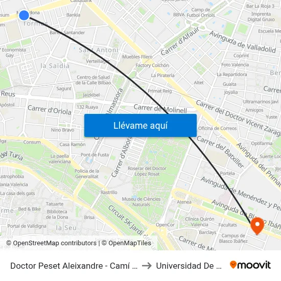 Doctor Peset Aleixandre - Camí De Moncada to Universidad De Valencia map