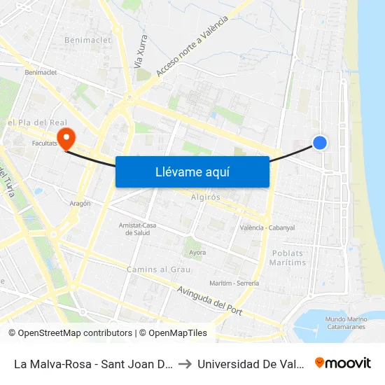 La Malva-Rosa - Sant Joan De Déu to Universidad De Valencia map