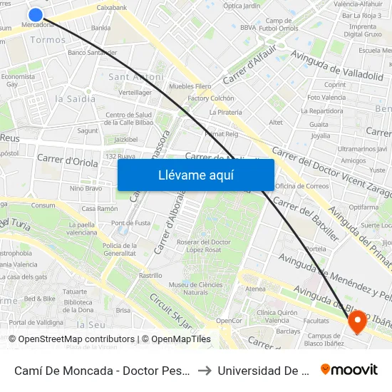 Camí De Moncada - Doctor Peset Aleixandre to Universidad De Valencia map