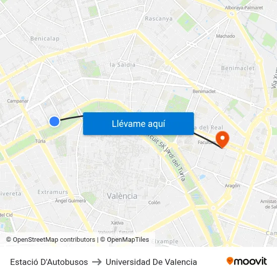 Estació D'Autobusos to Universidad De Valencia map