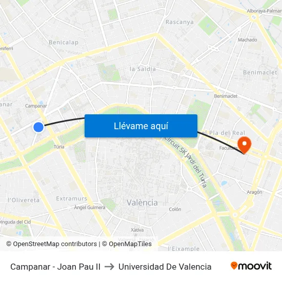 Campanar - Joan Pau II to Universidad De Valencia map