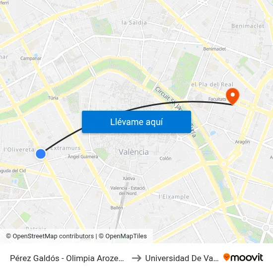 Pérez Galdós - Olimpia Arozena Torres to Universidad De Valencia map