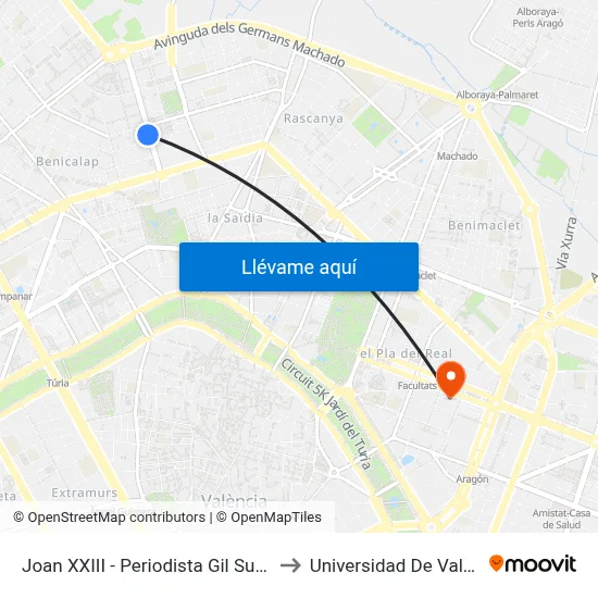 Joan XXIII - Periodista Gil Sumbiela to Universidad De Valencia map