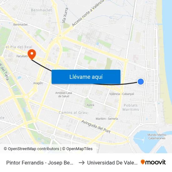 Pintor Ferrandis - Josep Benlliure to Universidad De Valencia map