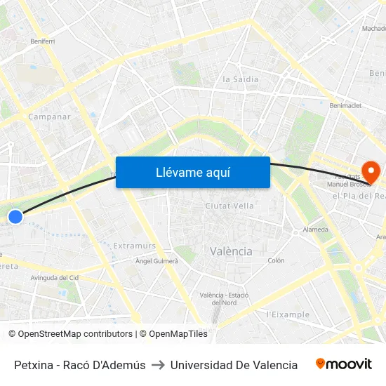 Petxina - Racó D'Ademús to Universidad De Valencia map