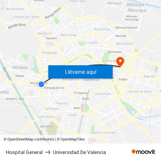 Hospital General to Universidad De Valencia map