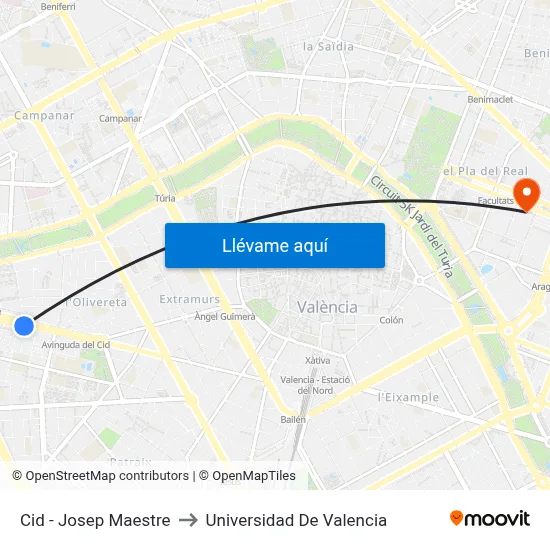 Cid - Josep Maestre to Universidad De Valencia map