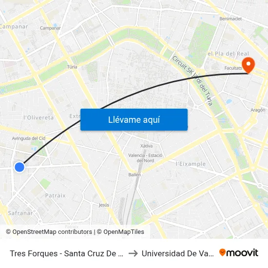 Tres Forques - Santa Cruz De Tenerife to Universidad De Valencia map