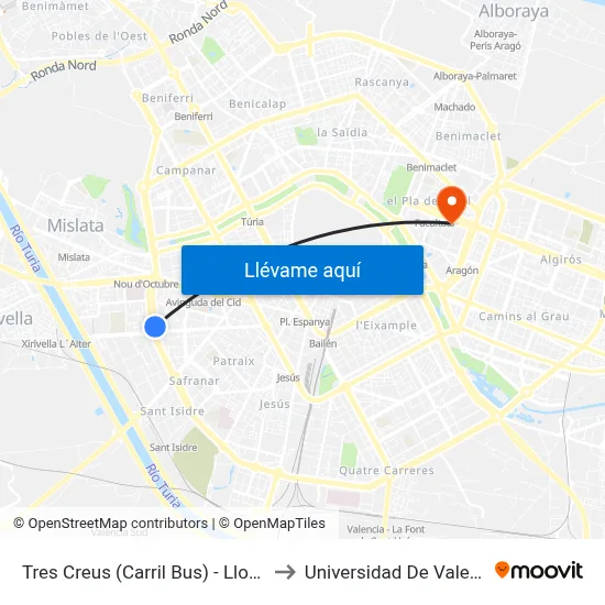 Tres Creus (Carril Bus) - Llombai to Universidad De Valencia map