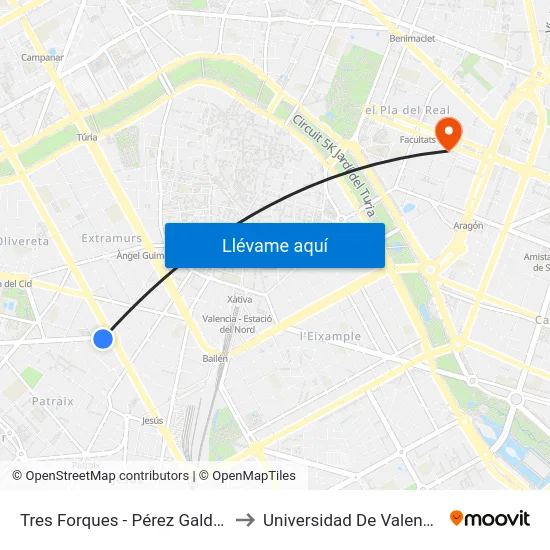 Tres Forques - Pérez Galdós to Universidad De Valencia map