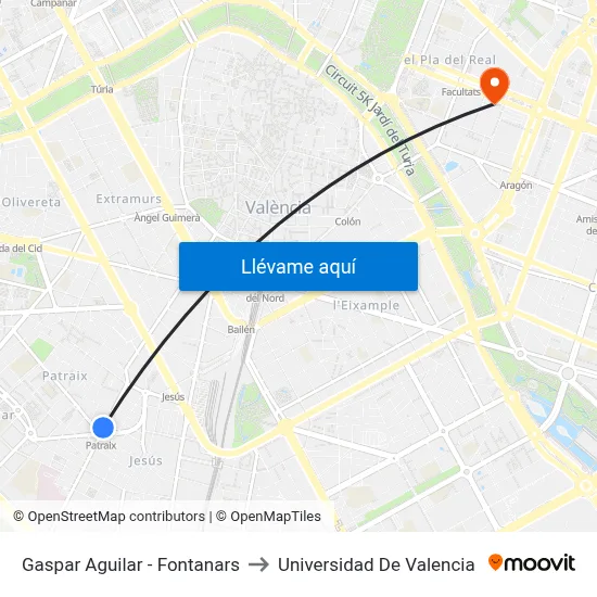 Gaspar Aguilar - Fontanars to Universidad De Valencia map