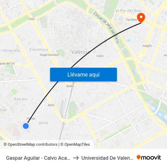 Gaspar Aguilar - Calvo Acacio to Universidad De Valencia map