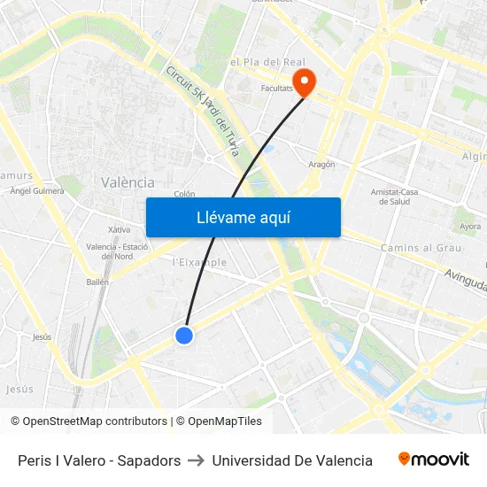 Peris I Valero - Sapadors to Universidad De Valencia map