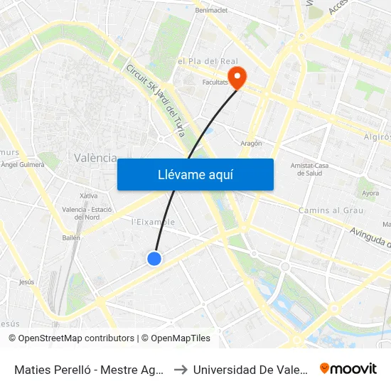 Maties Perelló - Mestre Aguilar to Universidad De Valencia map
