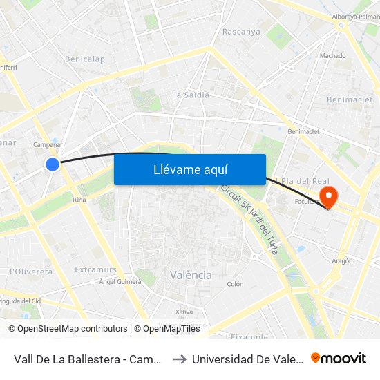 Vall De La Ballestera - Campanar to Universidad De Valencia map