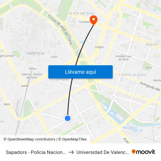 Sapadors - Policia Nacional to Universidad De Valencia map