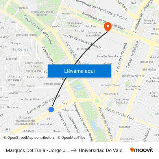 Marqués Del Túria - Jorge Juan to Universidad De Valencia map