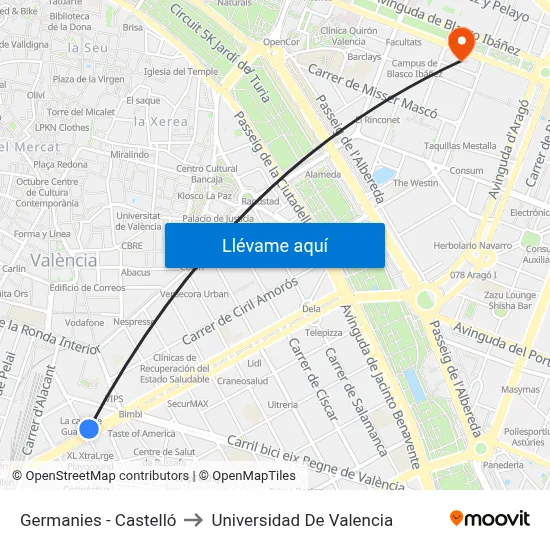 Germanies - Castelló to Universidad De Valencia map